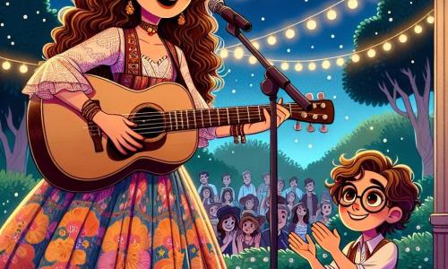 Clara, uma jovem de cabelos longos e cacheados, vestindo um vestido colorido, está no palco com uma guitarra na mão, um grande sorriso iluminando seu rosto, cheia de emoção e alegria enquanto canta para o público. Ao seu lado, Miguel, um garoto de cerca de 8 anos, com cabelos castanhos bagunçados e óculos, aplaude entusiasticamente, os olhos brilhando de felicidade, sentado na primeira fila, cativado pela performance. O local é um anfiteatro ao ar livre, cercado por árvores verdes, com luzes penduradas que brilham sob o céu crepuscular, criando uma atmosfera mágica e festiva. Clara está prestes a começar seu concerto, pronta para compartilhar sua paixão pela música, enquanto o público aguarda ansiosamente, pronto para ser transportado pelas melodias encantadoras.