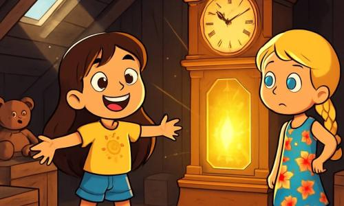 Há 2 personagens principais: - Sofia: uma menina de 7 anos, com longos cabelos castanhos e olhos brilhantes. Ela usa uma camiseta amarela com um desenho de sol e um short de jeans. Ela está em pé, com os braços abertos e um grande sorriso, mostrando seu entusiasmo. - Lara: uma menina de 7 anos, com cabelos loiros trançados e olhos azuis. Ela veste um vestido florido e sandálias. Ela está um pouco recuada, com as mãos nos quadris, exibindo uma expressão curiosa. O local da situação principal é um velho sótão, cheio de poeira e mistério. As paredes são de madeira escura, e raios de luz filtram por uma janela suja, iluminando caixas antigas, brinquedos esquecidos e um grande relógio de madeira ao centro, que brilha com uma luz mágica. A situação principal da história mostra Sofia e Lara descobrindo o misterioso relógio que brilha intensamente. Elas estão fascinadas e um pouco assustadas, prontas para viver uma incrível aventura no tempo.