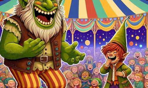 Um ogro jovial chamado Bruto, com pele verde e olhos brilhantes de malícia, está em um palco colorido, rindo alto. Ele tem grandes dentes brancos e cabelos bagunçados, vestindo um colete de couro gasto e calças listradas. Ao seu lado, um pequeno gnomo chamado Tico, um garoto de cabelos ruivos e barba desgrenhada, sorri amplamente, pronto para contar sua próxima piada. Ele usa um chapéu pontudo e roupas coloridas, adicionando um toque de magia à cena. Ao fundo, uma multidão de criaturas fantásticas e crianças humanas, todas rindo e aplaudindo, está em uma grande tenda decorada com luzes e balões coloridos. O chão está coberto de palha e flores, criando uma atmosfera festiva. A situação principal mostra Bruto e Tico em uma batalha de piadas, cada um tentando fazer o público rir com suas melhores brincadeiras, enquanto a excitação e a alegria preenchem o ar.