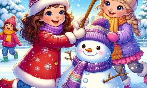 Three little girls are at the center of the image: Mia, a 7-year-old with curly brown hair, is wearing a bright red coat and matching hat, rolling a large snowball to build a snowman. Lila, a 6-year-old with straight blonde hair, is next to her, jumping in the snow with a big smile, dressed in a blue snowsuit and a pink scarf. Finally, Zoe, a 5-year-old with chestnut hair in braids, is slightly behind, holding a stick to make the snowman's arms, wearing a purple coat and yellow gloves. The setting is a magical winter park, covered in a thick layer of sparkling snow under a clear blue sky, surrounded by snow-laden trees, with snowflakes gently falling, adding a fairy-tale touch to the scene. The main situation shows the girls laughing and playing together, creating a cheerful snowman with a big smile and a carrot nose, as they enjoy exploring the beauty of winter.