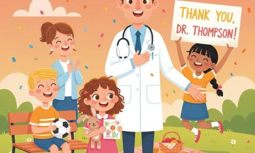 Dr. Charlie Thompson, a warm-faced man in a clean white coat with a stethoscope, hand on his heart and the other reaching toward children, is surrounded in a dusk park by Lily (≈6, curly brown hair, holding a rabbit plush and a colorful drawing), Max (≈9, short blond hair, bandaged right ankle, sitting with a football), and Emma (≈8, black braided hair, holding a painted sign reading “Thank You, Dr. Thompson!”), with Sarah (≈30, chestnut hair, applauding) nearby; daisies, paper lanterns, an orange-pink sky, picnic blanket and confetti create a festive, warm surprise party scene in a simple, expressive vector style suitable for a children’s book.