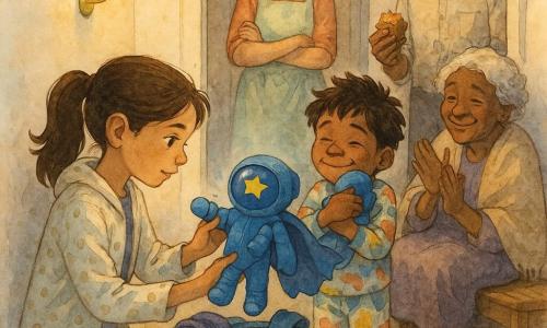A calm, focused 12-year-old girl with bright eyes and a chestnut ponytail kneels in a narrow cream-walled hallway with warm wooden floors, gently pulling a small blue astronaut plush from a large blue fabric basket; her excited 8-year-old brother in colorful pajamas stands beside her clutching the mascot, their smiling, surprised mother in a pastel apron watches from the doorway with hands folded, their amused father in a rumpled shirt leans on the doorframe holding a muffin wrapper, and their gentle, mischievous 70-year-old grandmother in a light shawl sits nearby applauding; a wall lamp casts golden light and soft shadows, crumbs lie on the floor, and the scene centers on the joyful discovery of the unfolded mascot with a crumpled cape and shiny star on its helmet, rendered with controlled watercolor touches and small splashes to emphasize the emotion.
