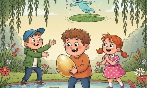 Max, an 8-year-old boy with a round face, brown curly hair and wide curious eyes, leans forward protectively holding a large iridescent golden egg in both hands; to his right Lily, about 8, with red braided hair and a pink polka-dot dress, clasps her hands and watches with excitement and admiration near the pond edge; to his left and slightly behind, Sam, about 9, in a blue cap and green jacket, reaches out alertly as if ready to catch the egg; above a lily pad floats Splashy, a translucent blue-green water sprite with hair of sparkling droplets, scattering luminous splashes around the egg; the scene is a clear pond surrounded by weeping willows, lily pads, tall grasses and colorful wildflowers, bathed in soft late-afternoon pastel light with gentle leaf movement and small ripples on the water.