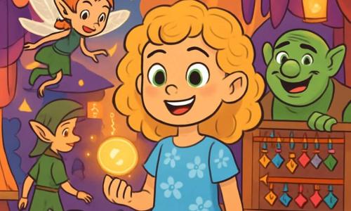 A 10-year-old girl named Lila, with curly golden hair and sparkling emerald eyes, stands in the center of the image, her radiant smile lighting up her face. She wears a sky-blue cotton dress adorned with floral patterns and holds a small glowing orb that emits a soft golden light. Beside her, a mischievous pixie with shimmering silver wings flies in circles around Lila, its playful eyes reflecting the magic of the place. In the background, a jovial troll with greenish skin and a wide smile holds a stand of colorful charms, watching the scene kindly. The setting is a vibrant fairy market, filled with bright colors, wooden stalls decorated with twinkling lanterns and shimmering fabrics. Fantastic creatures like elves and goblins move about in a lively atmosphere, while magical lights float in the air. The main scene shows Lila, awestruck, discovering the magical market, surrounded by fantastical creatures, ready to embark on an extraordinary adventure in this world where magic and reality meet.