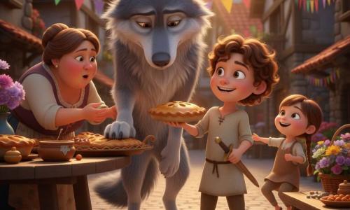 Ten-year-old boy with chestnut curly hair, bright eyes and a confident smile, wearing a simple shirt and holding a small wooden sword while presenting a pie, stands at the center of a cobbled village square; a large gentle gray wolf with silver-tinted thick fur and shy expressive eyes stands slightly behind him with head lowered and a paw on a large pie platter; to the left a round-faced, roughly 50-year-old village woman with a bun reaches toward a slice of pie on a wooden table with surprise and curiosity, and to the right a seven-year-old girl with a brown braid laughs on tiptoe near a bench; colorful garlands hang between stone houses with red roofs, wooden tables hold pies, bowls of honey and baskets of flowers, and a golden sunset bathes the convivial feast where the boy presents the wolf as guest of honor, creating a warm, bright scene with gentle, nonthreatening expressions focused on the boy-wolf duo surrounded by curious villagers.