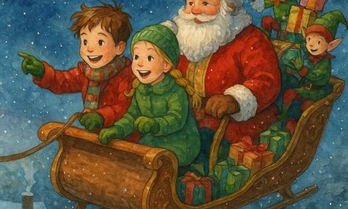 An 8-year-old boy with joyful, amazed expression, freckled face and tousled brown hair, wearing a red wool coat, striped scarf and mittens, gripping the sleigh reins and looking down at illuminated rooftops; an 8-year-old girl friend, excited, with braided blond hair, pom-pom hat and green jacket, crouched beside him in the sleigh, smiling and pointing at a decorated house; an adult Santa Claus, stout man with curled white beard and gold-embroidered red suit, seated at the back of the sleigh steering gently with a kind, twinkling gaze; two small, lively elves in green and red, standing at the rear arranging presents with animated gestures and pointed hats; a varnished wooden sleigh with gold ornaments and green velvet cushions piled with colorful, ribboned packages and a few snowflakes on the edges; beneath a deep starry night sky with a bright moon, snow-covered village roofs, smoking chimneys and twinkling garlands; the scene shows the sleigh in mid-flight on a diagonal, warm light from the houses contrasting with the cold air, conveying motion, wonder and Christmas magic.