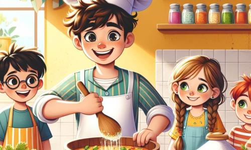 Um homem, o chef de cozinha João, sorridente e entusiasmado, usa um grande chapéu de chef branco e um avental colorido. Ele tem cabelos castanhos levemente cacheados e olhos brilhantes de alegria. João está misturando ingredientes em uma grande tigela de madeira, cercado por cores vibrantes e aromas deliciosos. Ao seu lado, um grupo de quatro crianças, com idades entre 8 e 10 anos, observa com admiração. Pedro, um garoto de cabelos negros e óculos redondos, segura uma cenoura que está prestes a cortar. Lila, uma menina de cabelos loiros trançados, sorri segurando um buquê de ervas frescas. Sofia, uma menina de olhos verdes, observa atentamente, pronta para aprender. Por fim, Lucas, um garoto de cabelos ruivos, está despejando farinha em uma tigela. A cena acontece em uma cozinha iluminada e acolhedora, com paredes pintadas de amarelo claro, prateleiras cheias de potes de especiarias coloridas e legumes frescos dispostos em um grande balcão de madeira. Raios de sol filtram pela janela, iluminando o espaço de forma acolhedora. A situação principal mostra João e as crianças preparando uma refeição festiva, rindo e trocando ideias, criando juntos uma atmosfera alegre e colaborativa, cheia de criatividade e descobertas culinárias.