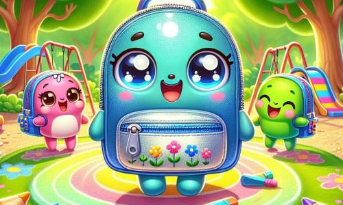 Zippy, uno zaino colorato in azzurro con riflessi argentati, è al centro del cortile della scuola, con gli occhi brillanti di eccitazione e un grande sorriso sulla cerniera. Tiene un piccolo quaderno in una delle sue tasche, pronto a scrivere le sue nuove avventure. Alla sua destra, Rosy, uno zaino rosa vivo con motivi floreali, sorride felicemente alzando la mano per salutare Zippy, con un'espressione piena di entusiasmo. A sinistra, Leo, uno zaino verde smeraldo, ride con un gruppo di altri zaini, le sue tasche piene di matite colorate, mostrando la sua gioia di essere circondato da amici. La scena si svolge in un cortile soleggiato, circondato da alberi con foglie verdi e giochi colorati come altalene e scivoli. Il terreno è coperto di ghiaia e disegni a gesso, creando un'atmosfera gioiosa e vivace. La situazione principale mostra Zippy e i suoi nuovi amici mentre giocano a un gioco di caccia al tesoro, correndo felicemente alla ricerca di indizi, con scoppi di risate e grida di eccitazione che riempiono l'aria.