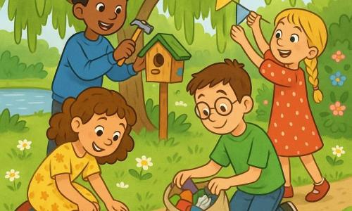 Vier Kinder arbeiten fröhlich in einem Frühlingspark unter einer großen Trauerweide: Leni, 9, mit hellbraunen Locken und gelbem Blumenkleid hockt links und pflanzt Samen mit einer kleinen Holzschaufel; Jonas, 9, mit kurzen braunen Haaren und runder Brille trägt ein grünes T‑Shirt, kniet rechts von Leni und sammelt bunten Müll in einen Stoffbeutel; Amir, 9, mit dunkler Haut und schwarzem Haar in blauem Sweatshirt steht leicht links hinter Leni und repariert mit einem kleinen Hammer ein Vogelhaus; Paula, 9, mit blonden glatten Zöpfen und rotem gepunktetem Kleid steht rechts von Jonas und hängt eine Wimpelkette an einen niedrigen Ast, um den Park für Ostern zu verschönern; grüner Rasen mit Gänseblümchen, kleiner Teich links hinten, ein Erdweg und blühende Büsche, weiches Abendlicht, lebhafte Farben und fröhliche, kooperative Gesten.