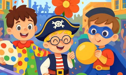 Er zijn 3 personages: Tom: een 6-jarig jongetje met messy bruin haar, gekleed in een kleurrijk clownspak met multikleurige stippen. Hij staat links, glimlachend en houdt een groot palet verf vast. Jens: een 6-jarig jongetje met blond haar en ronde bril, gekleed in een zwart-rood piratenkostuum. Hij staat in het midden en houdt een grote papieren bloem vast die hij heeft gemaakt. Bas: een 6-jarig jongetje met kastanjebruin haar en sproeten, gekleed als superheld met een blauwe cape en een masker. Hij staat rechts en blaast een grote carnaval bal op. De situatie speelt zich af op een drukke straat in het dorp, versierd met kleurrijke slingers en fonkelende lantaarns. De huizen zijn in felle kleuren geschilderd en confetti zweeft door de lucht. In de verte is een groot podium te zien waar muzikanten vrolijk spelen. De hoofdscène toont de drie vrienden op hun prachtige carnavalswagen, versierd met een enorme regen van kleurrijke ballonnen en een grote regen van papieren bloemen. Ze lachen en dansen, omringd door verwonderde toeschouwers die applaudisseren en zingen, wat een feestelijke en blije sfeer creëert.