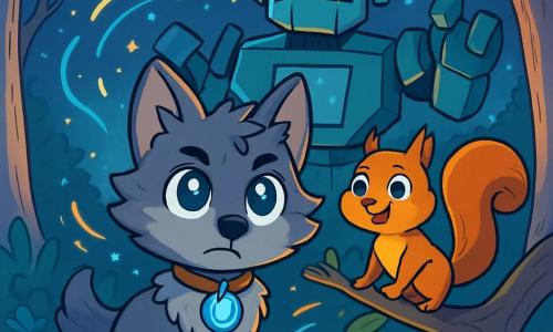 Een kleine grijze wolf genaamd Tiro, met schitterende ogen als sterren en een vastberaden uitdrukking, staat in het midden van een betoverde open plek. Hij heeft een zachte, tousled vacht en draagt een lichtgevende halsband die een zachte blauwe gloed uitstraalt. Naast hem klimt een ondeugende eekhoorn genaamd Vira, met een grote, pluizige staart en sprankelende ogen, op een tak, terwijl ze Tiro met bewondering en opwinding aankijkt. Een grote robot genaamd Lurox, met hoekige vormen en schitterende lichten, staat achter hen met een nieuwsgierige en beschermende uitdrukking, zijn mechanische armen iets omhoog. De plek is een magische open plek, omringd door zilveren bomen en luminescente bloemen die in het donker stralen, terwijl een sterrenhemel de scène van een zachte gloed voorziet. De hoofdscène toont Tiro, Vira en Lurox verenigd, klaar om samen een uitdaging aan te gaan, met flitsen van magie en energie die om hen heen dansen, wat hun vastberadenheid symboliseert om de harmonie tussen de stad en het bos te herstellen.