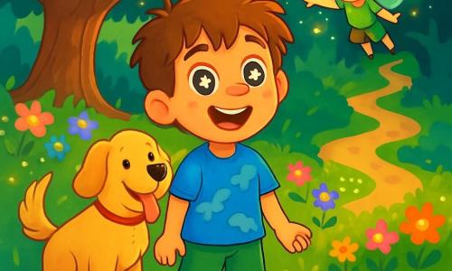 Un niño de 8 años, Lucas, con cabello castaño desordenado y ojos brillantes como estrellas, está al borde de un lago resplandeciente. Lleva una camiseta azul con dibujos de dinosaurios y un pantalón corto verde. Su rostro expresa una inmensa alegría y curiosidad mientras observa las criaturas mágicas a su alrededor. A su lado, Max, su fiel perro golden retriever, mueve la cola con entusiasmo, listo para explorar. En el fondo, Pip, un pequeño ser feérico con orejas puntiagudas y ojos traviesos, flota en el aire, rodeado de luces centelleantes. El lugar es un claro encantado, donde flores multicolores brillan como estrellas y un gran árbol majestuoso se alza en el centro, con ramas que se extienden como brazos acogedores. La escena principal muestra a Lucas, maravillado, contemplando el reflejo del cielo en el agua clara del lago, mientras Pip le señala un camino secreto a través del bosque, prometiendo una aventura mágica por venir.