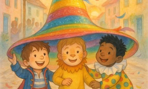 Hay tres niños: Lucas, unos 7 años, rostro redondo, pelo castaño despeinado, traje de pirata azul y rojo, sostiene el borde izquierdo del gran sombrero arcoíris, mirada alegre; Mateo, unos 6 años, piel clara, pelo rubio corto, maquillaje discreto de león y disfraz amarillo con melena de fieltro, en el centro con una mano en el sombrero, sonriente; Pablo, unos 7 años, pelo negro en punta, disfraz de payaso colorido con lunares y rayas y gran cuello blanco, a la derecha empujando el sombrero con entusiasmo. Escenario: calle empedrada de pueblo con casas de fachadas pastel, guirnaldas multicolores, confeti y plumas en el suelo, faroles de madera y sol poniente naranja. Situación: los tres sostienen juntos un enorme sombrero arcoíris brillante sobre sus cabezas formando una pequeña torre festiva, con plumas y lazos ondulantes y transeúntes aplaudiendo difuminados al fondo.