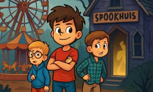 Er zijn 3 personages: - Daan: een 10-jarig meisje met rommelig bruin haar en een vastberaden glimlach. Hij draagt een rode t-shirt en een gescheurde spijkerbroek. - Lucas: een 9-jarig meisje met blond haar en ronde brillen. Hij draagt een blauwe hoodie en een korte broek. Hij kijkt nieuwsgierig naar het spookhuis. - Sam: een 10-jarig meisje met kastanjebruin haar en een bezorgde uitdrukking. Hij draagt een geruite shirt en een beige broek. De setting is een oud, verlaten pretpark met een mysterieuze sfeer. Roestige structuren zoals een krakende reuzenrad en een gekleurde, vervaagde draaimolen staan onder een bewolkte lucht. Naakte bomen omringen het park, hun kromme takken lijken de kinderen te willen grijpen. De ingang van het spookhuis heeft een gebarsten houten deur en gebroken ramen die een onheilspellende gloed uitstralen. De scène toont de drie jongens die naar het spookhuis lopen, met gezichten vol nieuwsgierigheid en angst. Daan gaat moedig vooruit, terwijl Lucas zich bezorgd omkijkt en Sam iets achterblijft, met een kloppend hart. Een mysterieuze schaduw is binnenin het huis zichtbaar, wat een gevoel van angst toevoegt aan de illustratie.