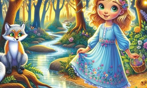 O fată de 12 ani, Ilinca, cu părul blond auriu și ochi strălucitori de curiozitate, stă pe marginea unui pârâu sclipitor, cu fața iluminată de emoție și uimire. Poartă o rochie ușoară din bumbac albastru, împodobită cu motive florale, și ține un mic coș din nuiele plin cu flori sălbatice. Aproape, o vulpe cu blană argintie, cu ochi verzi strălucitori, o observă cu un aer jucăuș, pregătită să-i ofere sfaturi. Se află pe o piatră netedă, lângă pârâu, adăugând o notă de magie scenei. Decorul este o pădure fermecată, unde copacii majestuoși au trunchiuri răsucite și frunze aurii care sclipesc sub lumina lunii. Flori luminescente cresc de-a lungul căii, iar licuricii dansează în aer, creând o atmosferă feerică. Situația principală o arată pe Ilinca, hotărâtă și curioasă, pregătită să traverseze pârâul pe un pod de lumină format din pene de bufniță, în timp ce vulpea îi face semn să-și continue aventura în această lume magică.