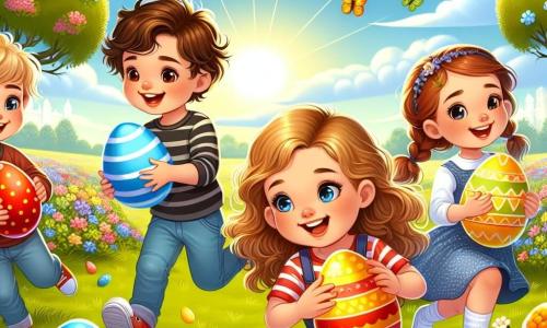 In un magnifico campo pieno di fiori colorati, quattro bambini sono intenti a cercare le uova di Pasqua. Marco, un ragazzo di sei anni con capelli ricci e un grande sorriso, raccoglie un uovo rosso brillante, accovacciato vicino a un cespuglio. Accanto a lui, Sofia, una bambina di sei anni con capelli lunghi e biondi, tiene un uovo a forma di cuore, con gli occhi scintillanti di gioia. Un po' più in là, Luca, un ragazzo di sei anni con capelli castani e occhiali, ride correndo dietro a un uovo blu che rotola per terra. Infine, Giulia, una bambina di sei anni con capelli castani e trecce, si prepara a prendere un uovo giallo decorato con stelle dorate. Il luogo è un campo soleggiato, circondato da alberi maestosi, dove i fiori danzano dolcemente nel vento. Il cielo è di un blu splendente, punteggiato di nuvole bianche e soffici, e farfalle colorate volano intorno ai bambini, aggiungendo un tocco di magia alla scena. La situazione principale mostra i bambini in azione, ridendo e correndo gioiosamente per catturare le uova colorate nascoste tra i fiori, creando un'atmosfera festosa e piena di energia.