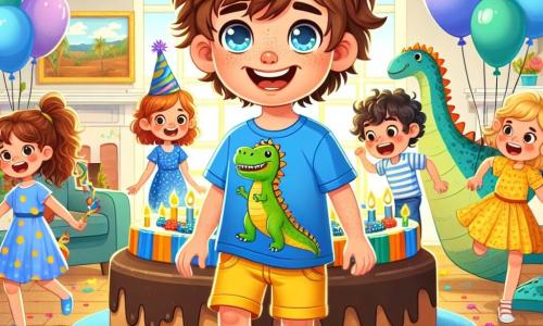 Un ragazzo di 8 anni, Mattia, con i capelli castani disordinati e gli occhi pieni di curiosità, si trova al centro dell'immagine con un grande sorriso meravigliato. Indossa una maglietta blu con un dinosauro disegnato e pantaloni corti gialli, le sue ciabatte a forma di dinosauro fanno un rumore divertente ad ogni passo. Accanto a lui, sua sorella Alice, una ragazza di 10 anni con capelli ricci e un cappello da mago colorato, balla gioiosamente tenendo palloncini multicolori. Sullo sfondo, la loro mamma, una donna sorridente con capelli castani, salta con una corda, mentre il loro papà, un uomo divertente con una leggera barba, gira per il soggiorno su una scopa. Il luogo è un soggiorno accogliente, decorato con festoni colorati e palloncini fluttuanti, con un grande tavolo al centro carico di una magnifica torta a forma di dinosauro, circondata da coriandoli scintillanti. La scena principale mostra Mattia e la sua famiglia che celebrano la "Giornata delle Sorprese", piena di risate e gioia, dove ognuno si diverte a fare cose inaspettate e divertenti.