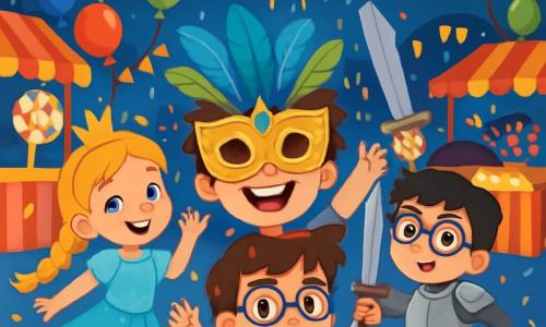 Ci sono quattro bambini: - Luca: un ragazzo di 7 anni con i capelli castani in disordine, indossa una bellissima maschera dorata decorata con piume blu e verdi. Si trova al centro, con le braccia alzate e un grande sorriso sul viso. - Giulia: una ragazza di 7 anni con lunghi capelli biondi intrecciati, vestita da principessa delle stelle con un abito scintillante e una corona. Si trova a sinistra di Luca, mentre danza gioiosamente. - Marco: un ragazzo di 7 anni con capelli neri e occhiali, vestito con un costume da cavaliere in armatura brillante. È a destra di Luca, brandendo una spada di plastica con un'aria determinata. - Elisa: una ragazza di 7 anni con capelli castani ricci, travestita da sirena con una coda scintillante. È leggermente indietro, ridendo e tenendo dei coriandoli nelle mani. Il luogo è una grande piazza animata, decorata con ghirlande colorate e palloncini fluttuanti. Ci sono stand di cibo dai colori vivaci, come bastoncini di zucchero e popcorn, che costeggiano la scena. Sullo sfondo, un grande podio brilla sotto le luci, dove bambini travestiti ballano e si divertono. La scena principale mostra i quattro amici che partecipano alla grande festa di carnevale, circondati da risate e musica, con fuochi d'artificio che esplodono nel cielo notturno, creando un'atmosfera magica e gioiosa.