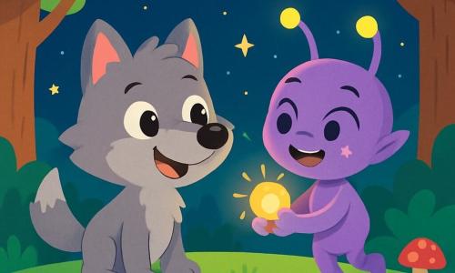 Um pequeno lobo chamado Lupo, com pelagem suave e cinza, olhos brilhantes de curiosidade, está no centro da clareira, sorrindo entusiasticamente. Ele observa uma pequena extraterrestre chamada Zara, que tem pele brilhante e roxa, antenas cintilantes e um grande sorriso amigável, flutuando levemente acima do chão. Zara segura um pequeno fotóforo luminoso em suas mãos, iluminando seu rosto com uma suave luz dourada. A clareira é cercada por árvores majestosas com folhas verdes vibrantes, e o chão está coberto de flores coloridas e cogumelos de formas estranhas. A noite é estrelada, com estrelas brilhantes cintilando no céu negro. Nesta cena mágica, Lupo e Zara riem juntos, compartilhando um momento de alegria e amizade enquanto procuram o fotóforo perdido, criando uma atmosfera de camaradagem e aventura.