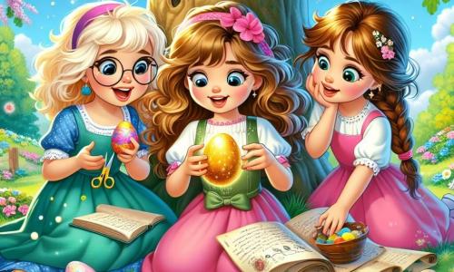 Trzy dziewczynki, Zosia, Majka i Hania, w wieku od 8 do 9 lat, bawią się na zielonej trawie otoczonej kolorowymi kwiatami. Zosia, z blond włosami i okrągłymi okularami, trzyma nożyczki i kolorowy papier, uśmiechając się z entuzjazmem. Majka, z kręconymi kasztanowymi włosami, w różowej sukience, patrzy na złote jajko, które właśnie znalazła, z oczami błyszczącymi radością. Hania, z brązowymi włosami w warkoczu, pochyla się nad drzewem, trzymając stary zwój papieru, zaintrygowana tajemniczym przekazem. Miejsce to słoneczna polana z majestatycznym dębem w centrum, którego gałęzie są obciążone zielonymi liśćmi i wiosennymi kwiatami. Promienie słońca filtrują przez liście, tworząc grę cieni i świateł na ziemi. Wokół nich rozrzucone są kolorowe jajka, każde ozdobione jaskrawymi wzorami. Główna sytuacja pokazuje dziewczynki odkrywające błyszczące złote jajko, symbol nadchodzącej magicznej przygody, podczas gdy śmieją się i zachwycają tajemnicą, która je czeka.