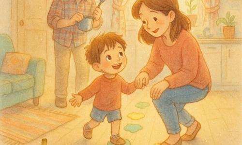 Menino de 4 anos, rosto redondo, cabelo castanho desgrenhado, olhos grandes e brilhantes, expressão feliz e orgulhosa, segura a mão da mãe e mostra um pequeno caminho de post-its coloridos no chão; a mãe, cerca de 30–35 anos, cabelos castanhos soltos, sorriso terno, joelhos ligeiramente dobrados para ficar na altura da criança, pisa num post-it em forma de nuvem; o pai, cerca de 30–35 anos, barba rala, camisa xadrez, está atrás rindo, segurando uma colher e uma panelinha para fazer barulho, pronto para aplaudir; numa mesa baixa de madeira clara, uma banana com rosto desenhado sorri ao lado de um desenho simples com 
