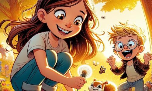 Uma menina de 10 anos, Clara, com longos cabelos castanhos e olhos cheios de curiosidade, está agachada em um parque ensolarado, sorrindo, segurando um bichinho de pelúcia em uma mão e um pedaço de maçã na outra. Ao lado dela, seu amigo Lucas, um menino de 10 anos com cabelos loiros bagunçados e óculos redondos, ri segurando um urso de pelúcia desgastado, observando um esquilo que dança alegremente. O parque está cheio de flores coloridas e grandes árvores com folhas verdes brilhantes, enquanto uma luz dourada filtra através dos galhos, criando uma atmosfera mágica. No centro da cena, um esquilo travesso, com pelagem marrom e olhos vivos, segura um pequeno coração dourado em suas patas, pronto para trocar seu tesouro pela maçã. Clara e Lucas estão em uma divertida busca pelo tesouro perdido, cercados por brinquedos esquecidos, com risadas e uma atmosfera alegre.