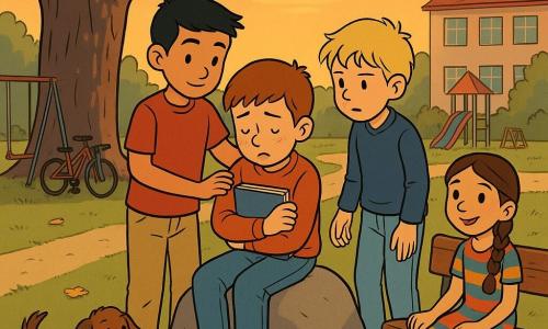 Quatro crianças: Lucas, menino de ~10 anos, rosto tímido com sardas, cabelo castanho curto, sentado no centro sobre uma pedra segurando um caderno de desenhos no colo e olhando para o chão; Miguel, menino de ~10 anos, pele levemente bronzeada, cabelo preto curto, em pé à esquerda de Lucas com a mão no ombro dele, expressão calma e protetora; Pedro, menino de ~10 anos, cabelo loiro despenteado, em pé à direita de Lucas, sério e inclinado para ouvi‑lo; Sofia, menina de ~10 anos, cabelos longos trançados, vestido colorido, sentada num banco atrás da pedra à direita, sorrindo e segurando a guia de um pequeno cão castanho que abana o rabo. Cena num parque escolar ao crepúsculo sob um grande carvalho, balanços e bicicletas encostados, gramado com folhas amarelas e caminho de cascalho; momento de apoio emocional: Lucas desabafa, Miguel conforta com a mão no ombro, Pedro ouve atento, Sofia observa com empatia; luz quente do pôr do sol, sombras longas, cores suaves e composição centrada na pedra e no caderno de desenhos.