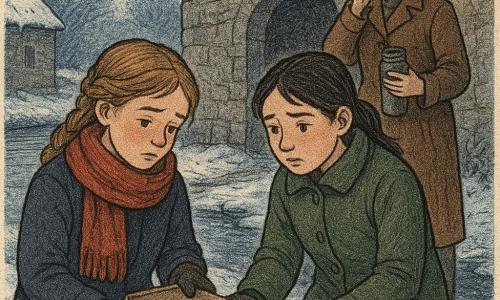 Dwunastoletnia dziewczynka, wzruszona i skupiona, z jasnobrązowymi włosami w luźnym warkoczu, z zaróżowionym od mrozu nosem, w granatowym płaszczu, czerwonym szaliku i rękawiczkach, klęczy i delikatnie trzyma małe pudełko z ciemnym, potarganym ptakiem; obok stoi druga około 12-letnia dziewczynka z czarnymi włosami w kitkach, w zielonym płaszczu, trzymając otwarte pudełko i patrząc na ptaka z niepokojem i czułością; nieco w tyle stoi około 45-letnia kobieta — nauczycielka z siwymi włosami upiętymi w kok, w długim brązowym płaszczu, trzyma termos i rozmawia przez telefon, wyglądając na spokojną i opiekuńczą; akcja ma miejsce w starym kamiennym pralniku nad wąskim strumieniem, mury pokryte migoczącym szronem, niski dach zaśnieżony, zużyte deski i ślady stóp w świeżym śniegu; chłodne zmierzchowe światło z niebieskawymi i srebrzystymi refleksami podkreśla cichą, ostrożną interwencję — dziewczynki ogrzewają i chronią rannego ptaka w pudełku wyściełanym chustką.