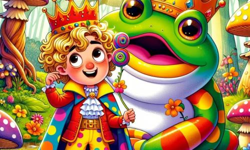 A young prince named Pip, around 10 years old with curly golden hair, wears a brightly colored outfit with multicolored polka dot pants. He has a mischievous smile on his face, showing his excitement and determination as he stands in front of a huge, beautiful rainbow frog wearing a crown too big for its head. The frog, with round shiny eyes, appears to be asleep, softly snoring and vibrating the air around them. In the background, the Enchanted Woods are filled with twisted tree trunks and vibrant flowers, with rays of sunlight filtering through the foliage, creating a magical atmosphere. Giant colorful mushrooms dot the ground, adding a whimsical touch. The main scene shows Pip, looking curious and a bit worried, trying to wake the frog by tickling its nose with a colorful feather, hoping it will help him find the missing Giggleberry Pie.