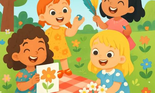 There are 4 children: Milly, a 7-year-old girl with curly brown hair, wearing a colorful floral dress, sitting on a picnic blanket, smiling and holding a handmade drawing; Rosie, a 6-year-old girl with red hair in braids, dressed in a yellow dress with sun patterns, standing next to Milly holding a shiny pebble; Tessa, a 7-year-old girl with straight blonde hair in a polka dot dress, crouching near a small pot of white flowers, her eyes sparkling with joy; and Lila, a 6-year-old girl with black hair and a large pink bow, wearing a pink dress, standing in the background holding colorful feathers and smiling broadly. The scene takes place in a sunny garden filled with colorful flowers, lush trees, and a clear blue sky. A large picnic blanket is spread on the soft grass, surrounded by small hidden treasures like shiny stones and flowers. The main situation shows the children laughing and playing together, celebrating Mother's Day with a joyful treasure hunt, where each child discovers a small gift for Milly's mom.