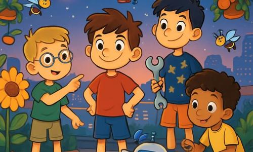 There are 4 children: Tommy, a 10-year-old boy with messy brown hair, wearing a red t-shirt and blue shorts, standing in the center, smiling with a determined look; Leo, a 9-year-old boy with short blonde hair, wearing glasses and shiny green sneakers, to the left of Tommy, pointing at a small robot-shaped drone; Max, an 11-year-old boy, the tallest in the group, with black hair and a star-patterned t-shirt, to the right of Tommy, holding a wrench and looking at the drone with curiosity; and Ethan, a 10-year-old boy with curly hair and a yellow t-shirt, crouching near the drone to the right of Max, holding a small flashlight and shining it on the ground. The setting is a futuristic garden on a skyscraper roof, filled with colorful flowers and vegetables growing in hanging pots. Robot bees buzz around the plants, and soft lights illuminate the garden, creating a magical atmosphere. In the background, the city of Skybright stretches out with its sparkling towers and sky-trams passing through the sky. The main situation shows the children helping a small garden drone that seems lost, with bright screens displaying emotions. The children are focused and enthusiastic, ready to solve the problem together, while the drone hovers around them with flashing lights.