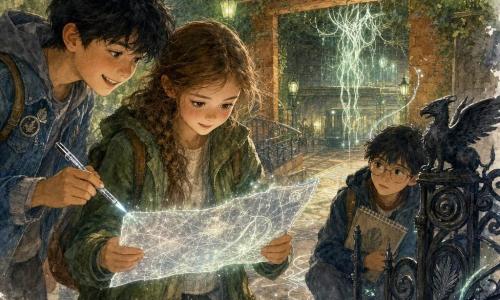 Three children: Mara, 11, light brown hair in a braid, wearing a khaki coat, stands center holding a glittering silver map; Ash, 12, short black hair, mischievous smile, denim jacket with badges, holds a shiny pen, slightly left and leaning toward the map; Jun, 12, straight black hair, round glasses, sketchbook under his arm, crouches right by a small iron gate. They stand at the brick station house entrance beneath a walled public garden with a tall black iron grille decorated with griffin, spiral and feather motifs; a stair descends to a warm, dim platform with terracotta walls, luminescent roots hanging like chandeliers, and a paved floor patterned with silver lines. Urban-fantasy lighting: soft green lamps, ivy on the ironwork and postered walls. The children discover a secret station called 