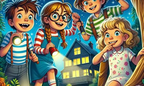 In a charming small town, four friends gather in a treehouse. Max, a 10-year-old boy with messy hair and a big smile, stands in the center holding a flashlight. To his right, Lucy, a 9-year-old girl with glasses and braids, curiously looks through a window. On the left, Tom, a 10-year-old boy in a striped t-shirt and straw hat, points to a mysterious noise coming from the garden. Finally, Emma, a 9-year-old girl with curly hair in a flower dress, crouches behind a bush, ready to uncover the secret. The wooden cabin is perched in a large tree, surrounded by green foliage and colorful flowers, with twinkling stars in the night sky. Moonlight softly illuminates the scene, creating a magical atmosphere. The friends are on a mission to discover the source of a mysterious "squeak" noise from Old Man Jenkins' garden, excited to solve the mystery together.