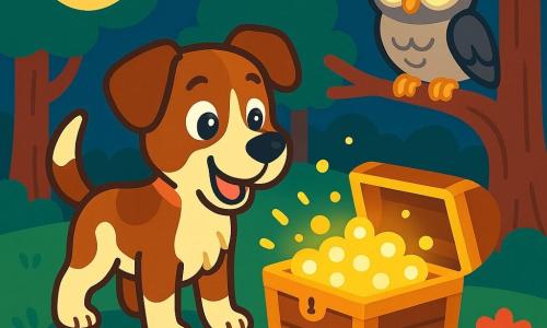 A dog named Charlie, with brown fur and white spots, stands at the center of the scene, his eyes shining with excitement and his tail wagging. He gazes in wonder at a sparkling chest filled with glowing orbs, his ears perked up and his expression full of curiosity. Next to him, a wise owl with gray feathers and large round eyes perches on a tree branch, observing the scene with a benevolent look, ready to share his wisdom with Charlie. The setting is an enchanted clearing surrounded by majestic trees with thick trunks and vibrant green leaves, while colorful flowers dance in the breeze. The moonlight illuminates the scene, creating a magical and peaceful atmosphere. Charlie discovers the treasure hidden in the chest, amazed by the lights that shine and illuminate his face, symbolizing the true wealth of friendship and kindness.