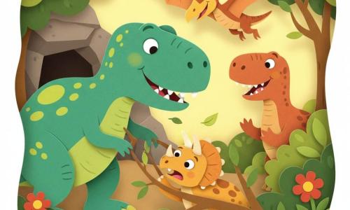 A friendly emerald-green T. rex with yellow spots and a gentle smile leans protectively forward, tugging branches with rounded teeth to free a small ochre, short-horned Triceratops trapped in a bush and reaching out relieved; a brown-edged pterodactyl hovers above, tilting its head to help, while a larger rust-colored Allosaurus waits smiling by a dark cave entrance; the sunny clearing is bordered by green bushes and stylized red flowers, with warm light, paper-cut layered textures, bright contrasting colors, clear outlines and simple expressive shapes suited for toddlers.