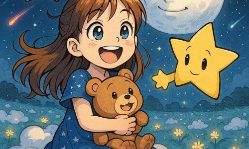 Una bambina di 8 anni, gioiosa e meravigliata, sorride con grandi occhi brillanti; indossa un vestito blu punteggiato di piccole stelle argentate e stringe al petto il suo orsacchiotto marrone Brillo. Luma, una stella-guida dorata dall'aspetto gentile, fluttua alla sua destra tendendo una mano luminosa; Ziggy, una stellina rosa pallido e birichina, fa smorfie saltellando sopra la sua testa. Dietro di loro una grande luna benevola diffonde una luce argentata su un prato di nuvole soffici costellato di fiori luminosi e un cielo notturno profondo con comete colorate; la bambina è seduta su una nuvola bianca ridendo mentre Ziggy fa il buffone e Luma la guida.
