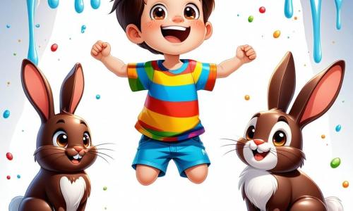 Un niño de 8 años, llamado Pablo, con cabello castaño desordenado y ojos llenos de curiosidad, está en el centro de la escena, riendo a carcajadas. Lleva una camiseta a rayas colorida y un short azul, y salta alegremente sobre un suelo de chicles multicolores. Junto a él, Choco, un adorable conejo de chocolate, tiene orejas largas y derretidas, y una gran sonrisa de chocolate. Baila sobre sus patas traseras, añadiendo un toque de magia a la escena. Al fondo, la ciudad de los pasteles es un verdadero festival de colores: casas de galleta con techos de chocolate, árboles de piruleta y nubes de algodón de azúcar flotan en un cielo azul brillante. La situación principal muestra a Pablo y Choco participando en un concurso de baile con gomitas de colores que rebotan alegremente a su alrededor, creando un ambiente festivo y lúdico, lleno de risas y dulzura.