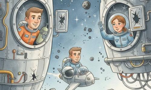 Captain Alex, square-jawed and smiling with short brown hair and a white helmet under his arm, looks determined as he pilots a small silver shuttle weaving through dark gray asteroids toward a damaged metallic space station with twisted panels and exposed pipes; a relieved but tired ~30-year-old female astronaut in a blue suit with tied hair waves from a cracked porthole near a broken vent, while a ~40-year-old male astronaut with stubble in an orange suit holds an oxygen bottle on an external platform against the station wall; stars and a distant blue planet fill the background, watercolor splashes suggest sparks and the void, and the shuttle approaches the cracked porthole to repair the oxygen—soft pastel colors for the characters, darker contrasts for the asteroids, and sharp facial and suit details.