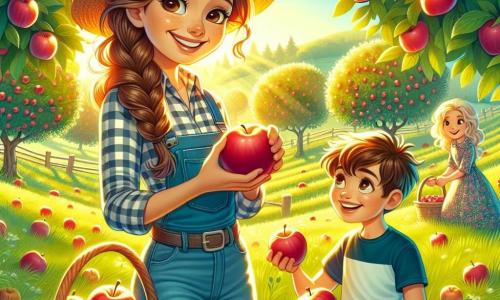 Een boerin, Lena, die glimlacht en vol leven zit, staat in het midden van een zonnige boomgaard, omringd door appelbomen vol met rode, glanzende appels. Ze draagt een geruite blouse, een spijkerbroek en een strohoed, en ze buigt zich lichtjes om een appel te plukken, met een aanstekelijke vreugde op haar gezicht. Naast haar kijkt een jongen genaamd Tim, ongeveer 8 jaar oud met rommelig bruin haar en een blauwe t-shirt, vol verwondering naar haar terwijl hij een grote appel in zijn hand houdt. Iets verderop vult een meisje genaamd Sara, ook 8 jaar oud met vlechten en een bloemenjurk, een grote mand met appels en toont een grote glimlach van tevredenheid. De plek is een groene boomgaard, badend in gouden licht, met bloeiende fruitbomen en een heldere blauwe lucht met enkele donzige witte wolken. De grond is stralend groen en enkele wilde bloemen voegen kleur toe. De hoofdscène toont Lena en de kinderen die samen appels plukken, terwijl ze lachen en momenten van vreugde delen, wat de teamgeest en het plezier van het werken op de boerderij illustreert.