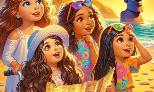 En primer plano, cuatro chicas de siete años están juntas en una playa soleada. Lucía, con largos cabellos castaños y gafas de sol coloridas, sostiene un viejo mapa del tesoro, sonriendo con entusiasmo. A su derecha, Valeria, con cabello rubio y rizado, lleva un sombrero de paja y observa con curiosidad un moai a lo lejos. A la izquierda, Sofía, con cabello castaño y un bonito vestido de flores, está sentada en su silla de ruedas, riendo alegremente mientras sostiene una concha. Finalmente, Elena, con cabello negro y liso, hace un gesto de descubrimiento señalando hacia el horizonte. El escenario es una hermosa playa de arena dorada, rodeada de palmeras verdes y aguas turquesas brillando bajo el sol. Al fondo, se ven majestuosos moais, estatuas de piedra de rostros misteriosos que parecen vigilar la isla. La situación principal muestra a las cuatro amigas en plena exploración, felices de descubrir los secretos de la isla de Pascua, con sonrisas radiantes y una palpable atmósfera de aventura.