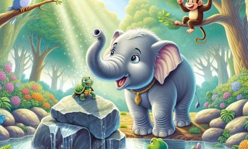 A majestic elephant named Elwin, with silver skin and star-like bright eyes, stands by a sparkling spring, displaying an expression of determination and joy. Beside him, Tilly the turtle, with her sturdy shell and wise demeanor, observes the scene closely, while Bingo the monkey, playful and agile, hangs from a branch above, laughing and cheering Elwin on. The setting is the Serenity Spring, a small pool of crystal-clear water surrounded by colorful flowers and tall trees with shimmering leaves, where sunlight filters through the branches, creating magical reflections on the water. The main scene shows Elwin lifting a large rock to release the flow of water, while bursts of joy and wonder emanate from the surrounding forest creatures.