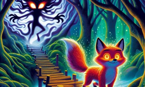 A clever young fox named Felix, with a vibrant coat and sparkling curious eyes, stands bravely at the edge of a rickety wooden bridge, his expression determined and fearless. Beside him, a mysterious silhouette, the creature of shadows, appears with a swirling, blurry shape and glowing eyes like embers, watching Felix with intriguing curiosity. The setting is the dark clearing of Shadow Glen, where ancient trees with gnarled trunks and intertwined branches create a dense canopy of foliage, allowing a few silver moonbeams to filter through. The atmosphere is filled with mystery, with dancing shadows and a light fog enveloping the ground. The main scene shows Felix ready to cross the bridge, defying the fear around him, while the shadow creature observes him, a mix of wonder and amusement in its gaze.