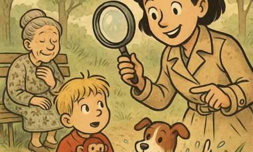 Detective Noor, glimlachend en trots, ±30, kort bruin haar, beige trenchcoat, houdt een grote glanzende loep en wijst naar de vijver; jongen Max, ±7, warrig blond haar, kijkt verwonderd, houdt een rood aapknuffeltje tegen zijn borst, staat naast Noor; mevrouw De Vries, ±75, grijs haar in een knot, bloemenjurk, zit links op een houten bank, hand op haar hart, opgelucht; hond Pippa, klein bruin-wit met rode halsband, komt uit het water met glinsterende druppels en een geel plastic eendenspeeltje in haar bek; park: vijver met riet, modderige oever met kleine poot- en kindervoetjes, houten bank, bomen met lichtgroene bladeren en ochtendzon; scène: blije hereniging aan de vijver, Pippa springt uit het riet, water spat en kringelt, Noor toont het met haar loep, Max klapt, mevrouw De Vries glimlacht opgelucht.