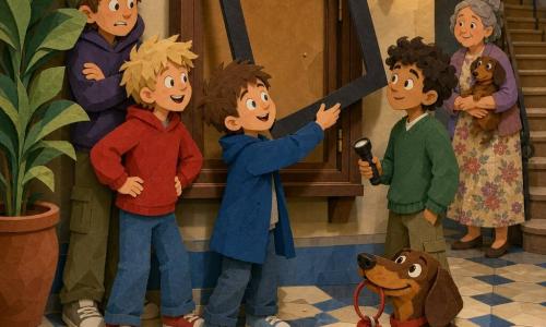 Sei personaggi: quattro bambini—Nico, 11 anni, capelli corti castani, occhi vivaci, cappotto blu, solleva delicatamente una cornice nera al centro del hall; Leo, 11 anni, capelli biondi spettinati, sorriso eccitato, felpa rossa, a sinistra con le mani sui fianchi; Sami, 11 anni, pelle olivastra, capelli ricci, espressione concentrata, maglione verde, a destra con una piccola torcia spenta; Tommi, 11 anni, più alto, capelli castani, aria comica e preoccupata, berretto, leggermente indietro a sinistra con le braccia incrociate; la signora Galli, donna di circa 50 anni, vestito a fiori, capelli grigi raccolti, tiene un piccolo bassotto bruno; Bruno, il bassotto, piccolo cane lungo e bruno, occhi vivaci, nella bocca un mazzo di chiavi rosse, seduto in primo piano a destra con una cordicella rossa e un gancetto metallico morsicato. Luogo: hall di un palazzo antico, pavimento a piastrelle crema e blu lucide, grande ficus a sinistra, bacheca in legno con cornice nera staccata al centro, scala a chiocciola sullo sfondo, luce calda da un applque, tracce d’acqua e briciole sul pavimento. Situazione: scoperta collettiva: i bambini attorno alla bacheca aperta, cornice sollevata che mostra il retro vuoto; Bruno trionfa mostrando il mazzo di chiavi che tutti cercavano; espressioni di sorpresa, divertimento e sollievo, atmosfera leggera e eroica, colori caldi e contrasti netti, stile con texture da carta ritagliata.