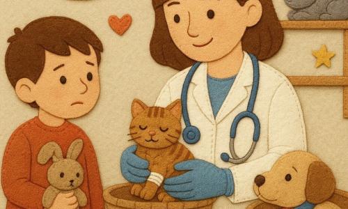 Veterinaria adulta dal viso dolce e sorridente, occhi attenti, camice bianco, stetoscopio blu e mani guantate che tengono delicatamente un gattino ferito; un bambino di circa 6 anni dai capelli castani, preoccupato ma fiducioso, abbraccia una peluche e sta a sinistra; gattino tigrato in un cesto sulla tavola con una piccola fasciatura alla zampa; cucciolo beige con orecchia cascante e bendaggio in un cesto a terra a destra, sguardo riconoscente; coniglio grigio che sonnecchia in una nicchia di vimini su una mensola sullo sfondo; ambiente interno di una piccola clinica veterinaria accogliente con pareti in tessuto pastello, scaffali in legno e lampade tonde che diffondono una luce soffusa; scena principale: la veterinaria esamina il gattino decidendo con calma le cure mentre il bambino e gli altri animali attendono fiduciosi.