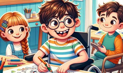 Un ragazzo di 10 anni, Marco, è seduto sulla sua sedia a rotelle, con capelli castani arruffati e occhiali rotondi che scivolano sul naso. Il suo viso esprime una gioia splendente e una curiosità vivace mentre disegna con pastelli su un grande foglio di carta. Accanto a lui, una ragazza di 9 anni, Sofia, con capelli biondi intrecciati e un apparecchio acustico colorato, sorride tenendo una matita in mano, pronta ad aiutarlo. Più in là, un ragazzo di 10 anni, Leonardo, con occhiali e un sorriso amichevole, osserva attentamente, tenendo un libro di disegni illustrati. La scena si svolge in una stanza luminosa e accogliente, con pareti dipinte di blu pastello e poster colorati di disegni di bambini appesi. Le tavole di legno sono disposte in cerchio, coperte di materiali artistici: matite, pennarelli, carte di diverse texture e colori. Marco e i suoi amici collaborano a un progetto artistico, scambiando idee e risate, creando insieme un grande affresco pieno di colori e immaginazione, simbolo di amicizia e creatività.