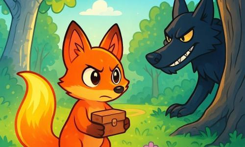 Ein kleiner Glühfuchs mit strahlend rotem Fell und einem langen, leuchtenden Schwanz wie ein kleiner Leuchtturm steht mutig im Zentrum einer sonnigen Lichtung. Seine großen Augen strahlen Entschlossenheit aus, während er eine kleine Birkenbox fest an seinem Herzen hält, bereit, sein kostbares Geheimnis zu verteidigen. In der Nähe beobachtet ein großer, böser Wolf mit pelzschwarzem Fell, durchdringenden Augen und einem verschmitzten Lächeln den Glühfuchs mit einer Mischung aus Neugier und Boshaftigkeit. Er steht im Hintergrund, versteckt hinter einem knorrigen Baum, seine scharfen Krallen im Boden verankert, bereit zum Sprung. Die Szene spielt sich auf einer grünen Lichtung im Silberwald ab, umgeben von großen silbernen Bäumen, deren Blätter unter der Sonne funkeln und eine magische, geheimnisvolle Atmosphäre schaffen. Bunte Blumen sprenkeln den Boden und fügen dem Bild violette und gelbe Akzente hinzu. Der Glühfuchs und der Wolf stehen sich in einem Moment spürbarer Spannung gegenüber, der Glühfuchs entschlossen, sein Geheimnis zu schützen, während der Wolf, schlau und neugierig, zwischen Bedrohung und Neugier zu schwanken scheint.