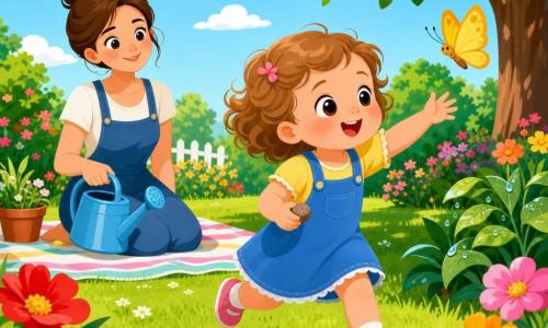 A joyful, amazed 2-year-old girl with light brown curly hair, rosy cheeks and bright round eyes follows a yellow butterfly while holding a small round stone in her hand; a gentle smiling mother of about 30 with brown hair in a bun sits a few steps behind on a striped blanket holding a blue watering can and watching tenderly; the bright summer garden has a soft green lawn, colorful flowers (red, pink, yellow), a light blue sky with a few white clouds and a shady tree to the right; the scene shows the girl gently running toward the butterfly above the flowers, the mother nearby with the watering can beside her and a few sparkling water droplets on leaves, with vivid contrasting colors, simple shapes, clear outlines and a warm, safe atmosphere.