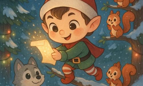 Pequeno elfo de Natal chibi, rosto redondo e bochechas coradas, grande gorro pontudo vermelho com pompom branco, olhos brilhantes e sorriso malicioso, segurando uma folha de papel brilhante (a lista perdida) enquanto sobe em um galho nevado; lobo amigo chibi de pelo cinza, capa verde, de pé no caminho sob a árvore com as mãos juntas, olhando o lutinho com admiração; dois esquilos chibi de pelo ruivo com pequenas guirlandas nas caudas, empoleirados em galhos próximos aplaudindo; floresta noturna coberta de neve com pinheiros cintilantes, luzes coloridas enroladas nos troncos, lua cheia e flocos caindo, atmosfera aconchegante; cena alegre e luminosa centrada na árvore e na folha brilhante, em estilo kawaii com paleta pastel e contrastes quentes (vermelho, verde, dourado).