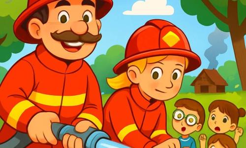 Ein Feuerwehrmann, Paul, mit einem großen braunen Schnurrbart und einem warmen Lächeln, trägt eine glänzende rote Uniform und einen Feuerwehrhelm. Er leitet ein Team von Feuerwehrleuten und hält einen dicken Feuerwehrschlauch, mit funkelnden Augen voller Aufregung und Entschlossenheit. Neben ihm passt eine Feuerwehrfrau, Lena, etwa 30 Jahre alt mit einem Pferdeschwanz, den Wasserhahn eines Hydranten an, konzentriert und bereit zu handeln. Im Hintergrund schaut eine Gruppe von Kindern, darunter ein 6-jähriger Junge namens Ben mit Brille und einem blauen T-Shirt, fasziniert zu, während ein 5-jähriges Mädchen, Mia, mit Zöpfen und einem rosa Kleid, die Hand hebt, um eine Frage zu stellen. Die Szene spielt in einem grünen Park mit laubtragenden Bäumen, bunten Blumen und einem strahlend blauen Himmel. In der Ferne raucht eine kleine Holzhuette leicht, was auf ein kleines Feuer hinweist, das die Feuerwehrleute löschen wollen. Die Hauptsituation zeigt Paul und sein Team in Aktion, bereit, das Feuer mit kräftigen Wasserstrahlen zu löschen, während die Kinder bewundernd und neugierig zuschauen.